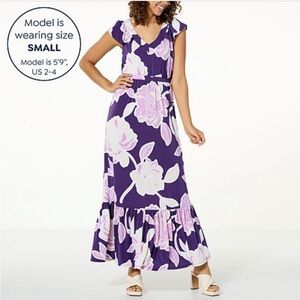 IMAN Global Chic Drapey Knit Tiered Maxi Dress DEEP GRAPE FLORAL